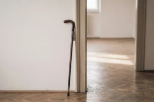 Vycházková hůl opřená o zárubeň dveří, na podlaze parkety v ranním světle