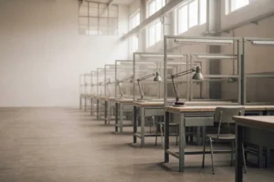 Pohled do výrobní haly, řada stejných pracovních stolů mizí v ranním světle